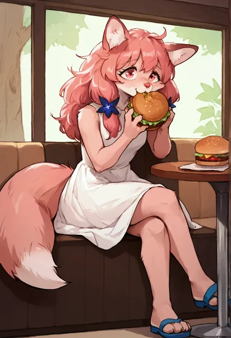 Solo, Score_9, score_8_up, solo, Anthro, furchan, pink furry body, pink hair, pink eyes, pink nose, animal ears, tail, tall and slender body, wearing white sleeveless dress, blue sandals, legs crossed, eating a big burger, a bit taken out of burger, sittin...