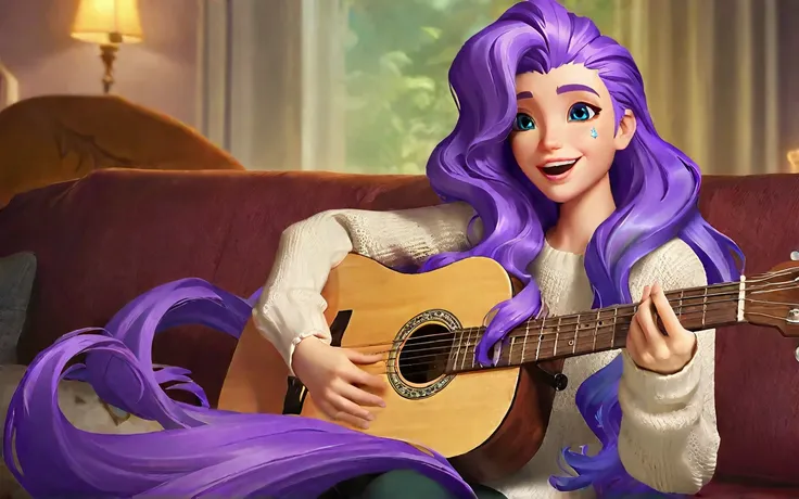 seraphine , seraphine, a serene scene unfolds: a young woman with vibrant purple hair sits comfortably on a plush couch, guitar ...