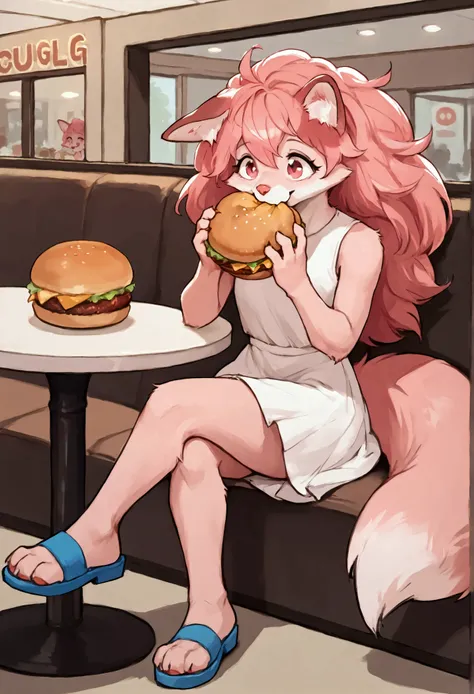 Solo, Score_9, score_8_up, solo, Anthro, furchan, pink furry body, pink hair, pink eyes, pink nose, animal ears, tail, tall and slender body, wearing white sleeveless dress, blue sandals, legs crossed, eating a big burger, a bit taken out of burger, sittin...
