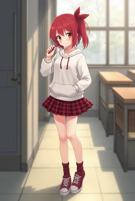  white hoodie with no lettering , and a short red checkered skirt, and she has a single strand of red hair, She has red hair, and a dark red ribbon, and dark red eyes, eyes are small, and shes holding a dark red pencil in her hand, Short stature, Small han...