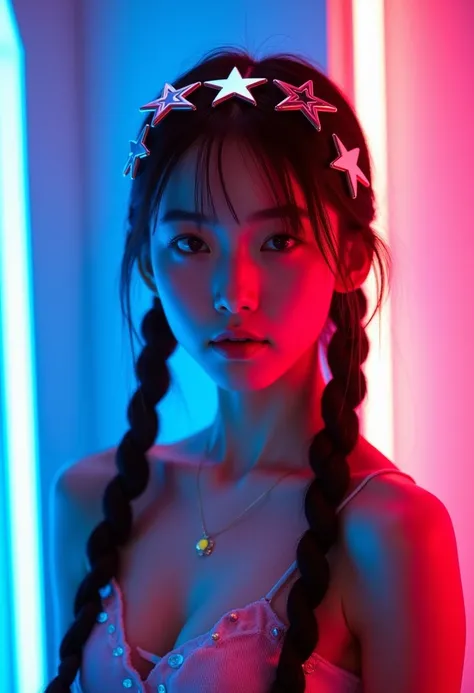 neon light  The image is a vibrant, digitally manipulated photograph of an East Asian woman with a youthful, petite build and a fair complexion. She has a slender face with delicate features, including a small nose and full lips. Her eyes are almond-shaped...