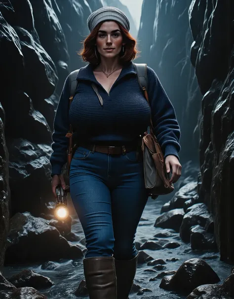 Photorealistic, cinematic style, picture of a beautiful British woman carrying a flashlight through a night time dark cliffs. smiling. (Its really dark: 1.5), Shes got brown eyes, downturned eye shape, light skin and freckles, reddish-brown hair.  Shes wea...