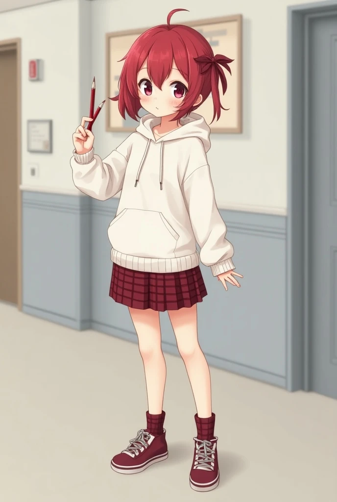  white hoodie with no lettering , and a short red checkered skirt, and she has a single strand of red hair, She has red hair, and a dark red ribbon, and dark red eyes, eyes are small, and shes holding a dark red pencil in her hand, Short stature, Small han...