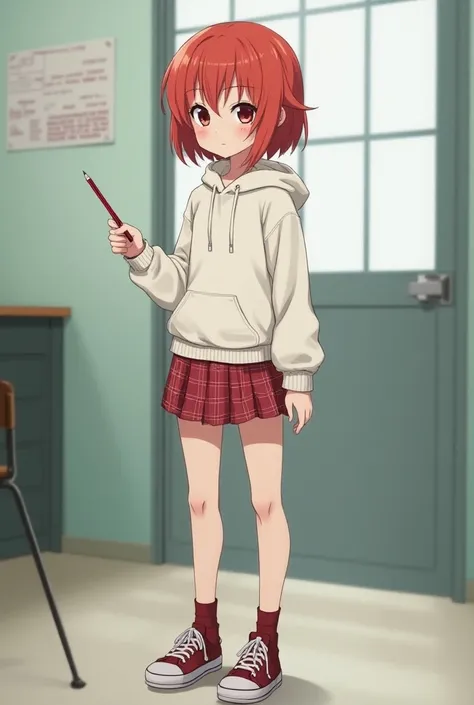  white hoodie with no lettering , and a short red checkered skirt, and she has a single strand of red hair, She has red hair, and a dark red ribbon, and dark red eyes, eyes are small, and shes holding a dark red pencil in her hand, Short stature, Small han...