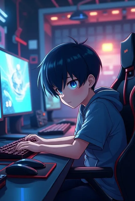 ( Best quality: 1.0), (Super High Resolution: 1.0), anime boy,  short black hair,  blue eyes , sit in front of the computer and play games, background in eSports room