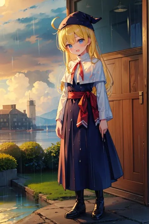 (8k,  super quality, masterpiece:1.2),  ultra high resolution, cute,  girl, solo, whole body, Puyo Puyos witch, Blonde, Blue Eyes , blue headwear ,  blue based robe,  red ribbon, White capelet, Ahoge,  long skirt , garden, heavy rain, Heavy rain, like, Bri...