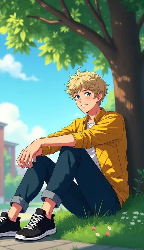 anime boy, 22 years old, curly ash blonde hair ,  quilted yellow shirt , jeans negros,  black shoes with white , blue eyes,  sitting under a tree, happy look, Diagonal position,  full body , University campus, Anime 4k, DETAILED,  slim body