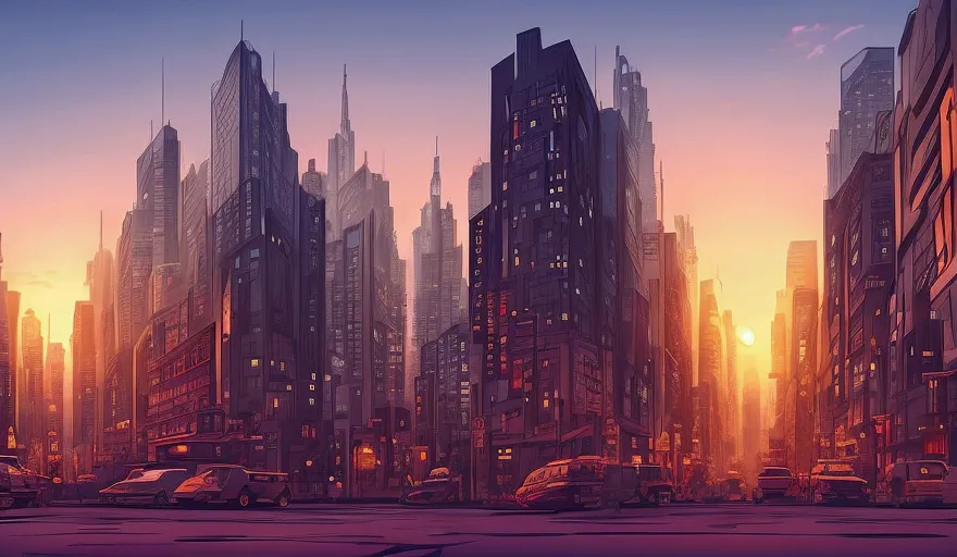 sunset in the city anime style