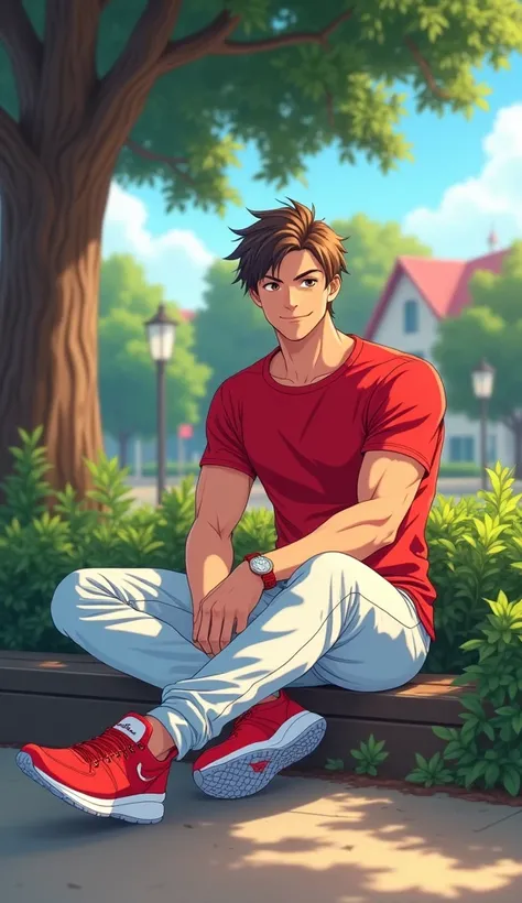 anime boy,  25 years old , red sports shirt,  white jeans ,  red sneakers with white ,  brown eyes,  sitting under a tree, happy look, Diagonal position,  muscular body , University campus, Anime 4k, DETAILED,  slim body, ombre hair 