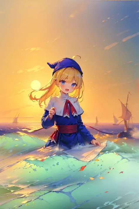 (8k,  super quality, masterpiece:1.2),  ultra high resolution, cute,  girl, solo, whole body, Puyo Puyos witch, Blonde, Blue Eyes , blue headwear ,  blue based robe,  red ribbon, White capelet, Ahoge,  long skirt , sea, Wave like a  , Bright smile,  innoce...