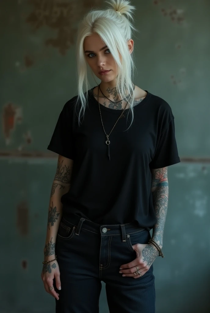 1 Vampire witch woman with white skin, white hair, hair shaved on the sides a little long and tied up, 1.75 meters tall, medium height, tattooed, with baggy jeans, black t-shirt, background grunge wall, front photo, cinematic, Cannon EOS