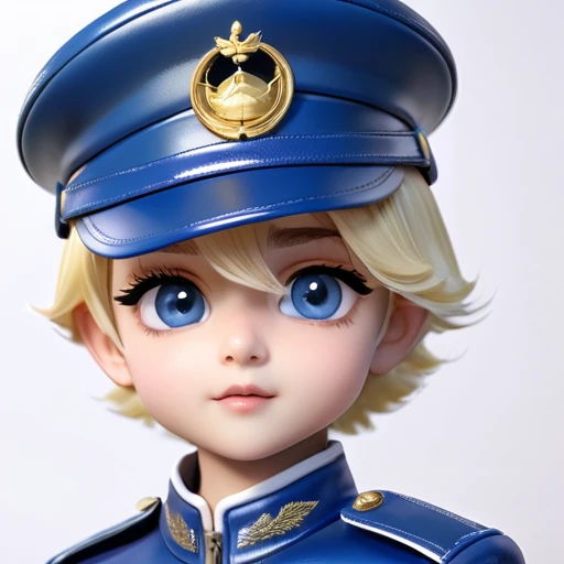 prince、blonde、 very short hair、big eyes、small、cute、青いヘルメット、 shiny blue leather military uniform、3d