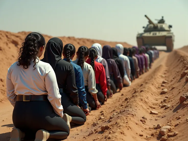 A group of Muslim dark-skinned Malay chubby, heavily overweight teenagers with long curly hair and ponytail and twin ponytails and hijab kneel next to each other in a long line of slaves in a desert, they kneels close together, they have fear for her lives...