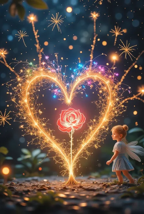  Colorful Fireworks Form Exquisite Colorful Rose Heart Shape（close up）星空背景上明亮Colorful的全心形頂視圖，sparkling，HD， Fantasy Art Act ，Surreal，Colorful，Air Spirit Silhouette 、 Art Super Detail 、 Exquisite Beauty 、masterpiece、Premium content is very detailed、 Dynamic ...