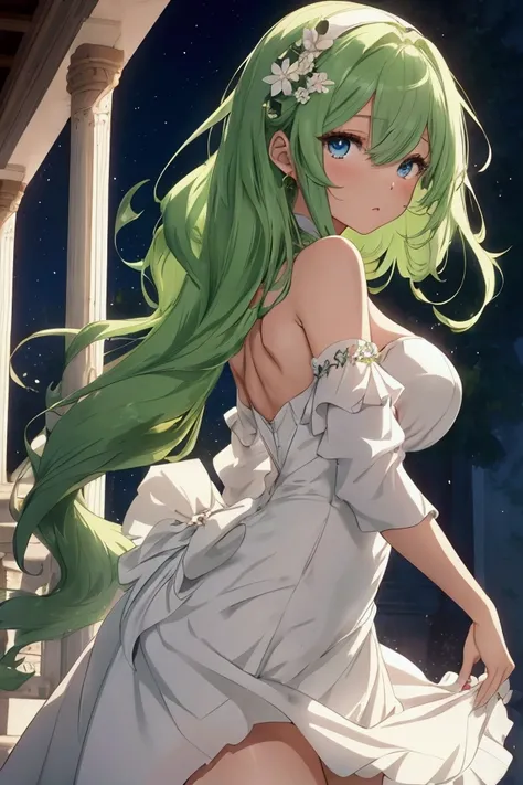 Envision an enchanting anime portrait of Rena, an 18-year-old woman with long, lush green hair cascading over her shoulders, her eyes sparkling with life. She dons a stylish, pristine white dress, the fabric hugging her curves elegantly with a straight, fl...