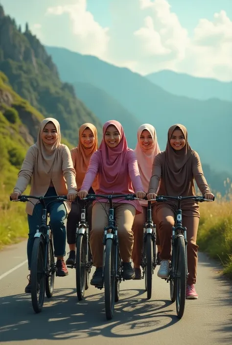 6 beautiful women, big nose, wear hijab, wear trendy clothes , long pants,  bike ride side by side,  happy faces all facing the camera,  on a beautiful green mountain road, sunny morning atmosphere , Photo taken at close range, minimal defects,  very detai...