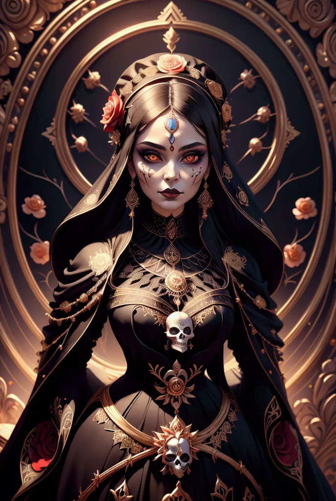 : " generate an image of an ethereally beautiful catrina and impressive elegance .  her face is a masterpiece ,  with fine detai...