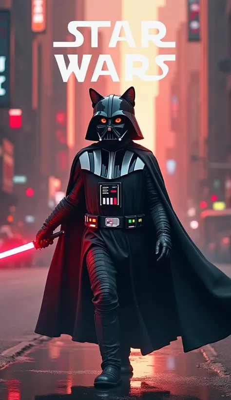 A Star Wars poster with its iconic logo replaced by the text "War Wars 
Cat in human pose with Darth Vader mask; whole body; In attack mode; Carrying a bone-bladed sword; He walks through a futuristic city in the background