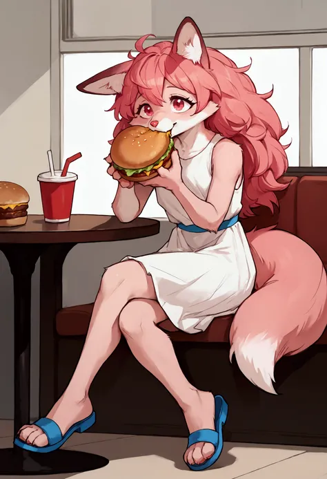 Solo, Score_9, score_8_up, solo, Anthro, furchan, pink furry body, pink hair, pink eyes, pink nose, animal ears, tail, tall and slender body, wearing white sleeveless dress, blue sandals, legs crossed, eating a big burger, a big bite taken out of burger, s...