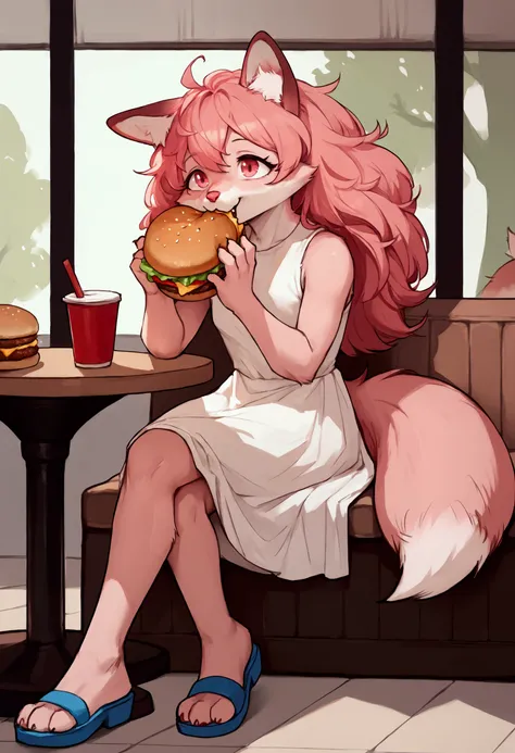 Solo, Score_9, score_8_up, solo, Anthro, furchan, pink furry body, pink hair, pink eyes, pink nose, animal ears, tail, tall and slender body, wearing white sleeveless dress, blue sandals, legs crossed, eating a big burger, a big bite taken out of burger, s...