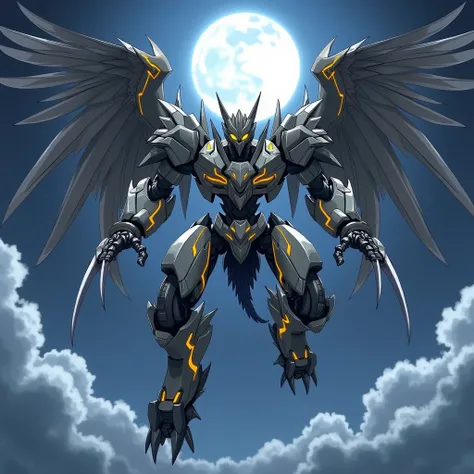 a fusion of wolf and eagle robotic mecha, robotic mecha style, metallic textures (gray and yellow colors), yellow eyes, white details, huge wings, claws on the arms Wolverine style, heroic pose, background flying in the sky under the full moon, yugioh art ...