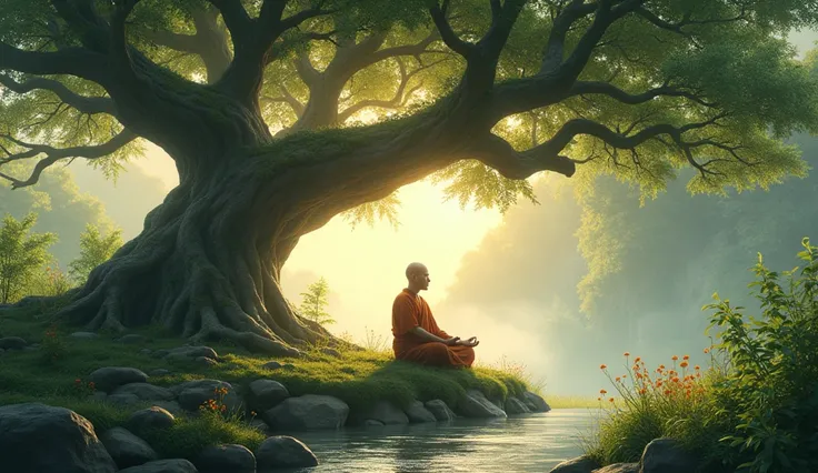 A serene scene of a monk meditating under an ancient tree, surrounded by nature