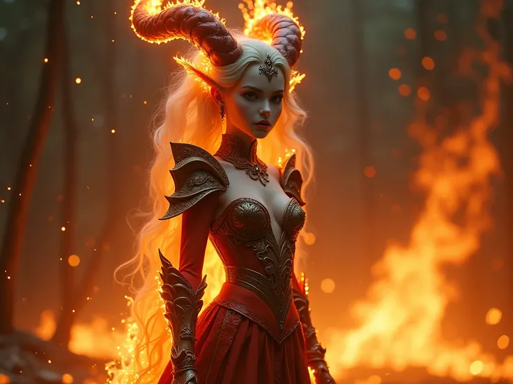 Young shy elegant goth female demon fire elemental wearing elegant ornate magic fire armor, wearing fire themed boots, fiery blazing fur, fiery skin, surrounded by flames