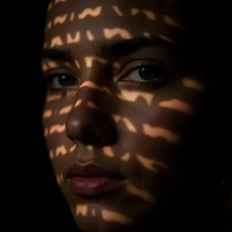 a photo of a ( face bathed in patterned light:1.3), ( mottled shadow :1.2), (fascinating view:1.1), ( contrast of light and texture :1.2),  artistic interplay , ( sharp glowing stripes :1.1), ( detailed iris :1.1), Sony α7R IV, 1/320s, f/2.8, ISO 400, ( en...