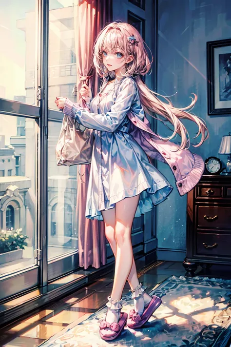 Full body shot from the front view, woman relaxing by the window, digital art, 8K resolution, high detail, around 20 years old, (one female:1.5), milk-tea colored hair:0.5, long hair, fluffy hair, light blue eyes, upturned eyes, arched eyebrows, long eyela...