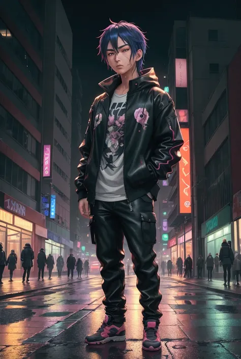 An ultra-realistic anime character standing in a detailed, vibrant urban setting at dusk. The character has striking features, intricate clothing, and expressive eyes. Surrounding them are neon lights reflecting off wet pavement, with detailed city buildin...