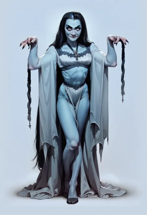 (full color image) (lilmun, medium natural breasts, pale blue skin) tall, slender, full body, sexy, flirting, arms out welcoming...