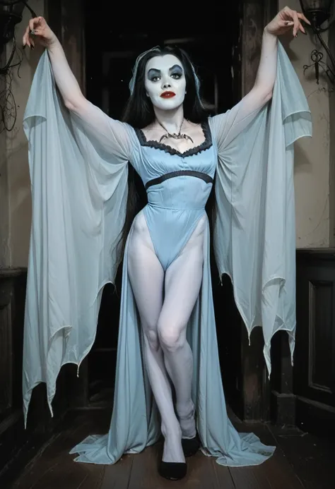 (full color image) (lilmun, medium natural breasts, pale blue skin) tall, slender, full body, sexy, flirting, arms out welcoming...