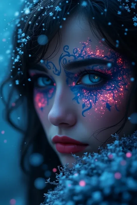 halloween, magical beauty, neon,  photorealistic ,  Beautiful woman , Macro photography,  high quality, 4K, Fairy, face tattoo ,  snow , красивые neonовые частицы,  photorealistic 