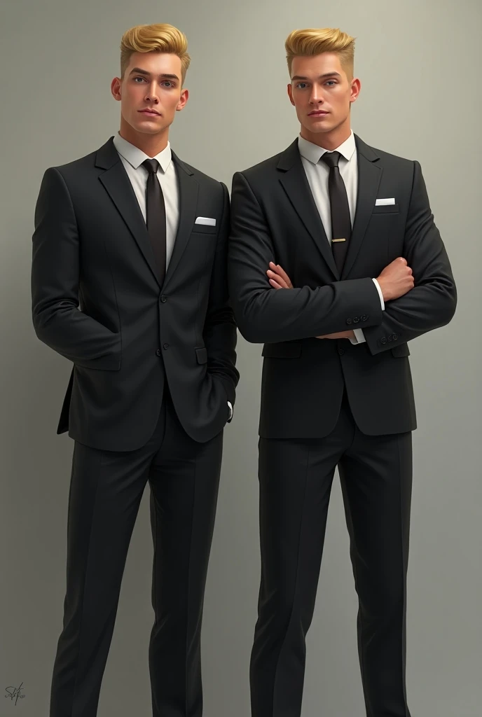  Two 30-year-old men , They are blonde, strong, They wear very elegant suits,  they are twins . Like Americans 