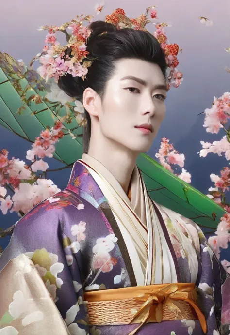 best quality,masterpiece, dazzling and glamorous yukaku ,the thin macho male flower knight , is wearing a glamorous kimono,accur...