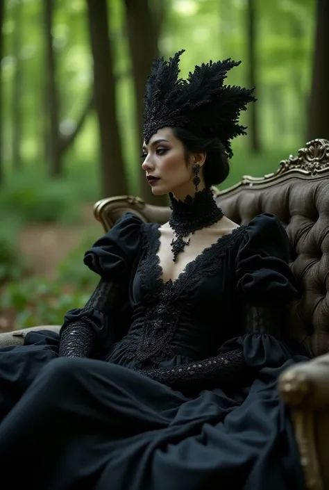 model wearing elegant gothic attire and jewelry, sitting like a queen on a gothic sofa in a forest, lush greenery background, day light setting, mysterious --ar 3:2 --style raw, 30-megapixel, Canon EOS 5D Mark IV DSLR, 85mm lens, sharp focus,
intricately d...