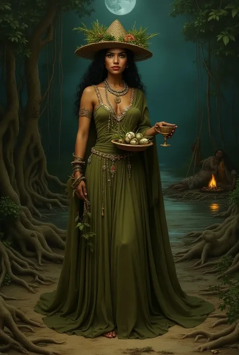 A mystical woman who represents Mestra Luziara in the context of the spiritual traditions of Jurema Sagrada and Umbanda. She has a serene but intense expression, with deep-set eyes that convey wisdom and compassion. Her attire is natural, in earthy or gree...