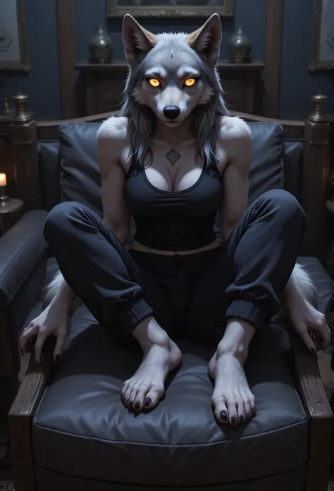 a wolf lying on a sofa, full body, completely hypnotised, wearing a black tank top and black sweatpants, barefoot, with nice feet, paws, soles, and pawpads, (((hypnotized eyes))), (((glowing eyes with spirals))), anime