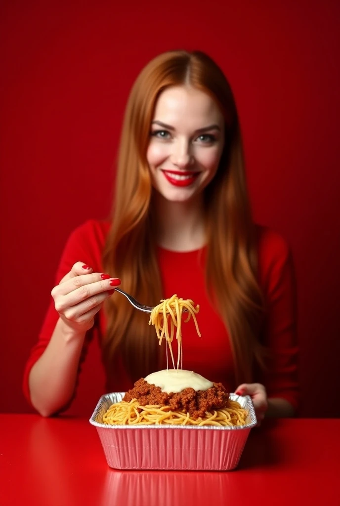 beautiful woman with long red shirt, red nails, red lipstick, big straight hair, smiling eye contact, looks at you. eating spaghetti noodles with minced meat sauce, white cheese melted on top, served in a rectangular disposable aluminum packaging, not too ...