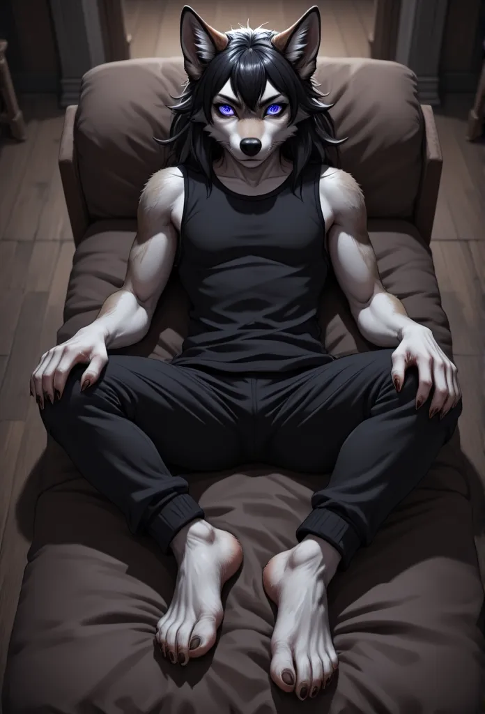 a young wolf boy lying on a sofa, full body, (((completely hypnotised))), wearing a black tank top and black sweatpants, barefoo...