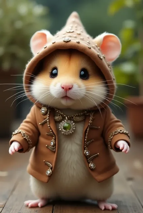     cute little hamster baby is wearing a cute monster costume、    raise your arms  , Standing on hind legs ,  staring intently with pretty eyes  .   cute clothes with sophisticated decorations  . House garden、direct, Long clothes,   Clothing that covers t...