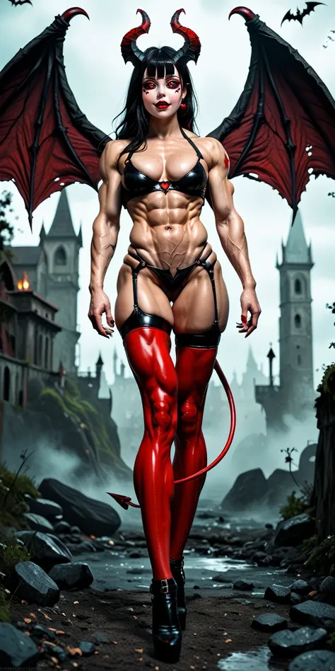 score_9, score_8_up, score_7_up, photo, photorealistic, gorgeous sexy muscular (skinny) demon girl succubus, (red eyes, black sc...