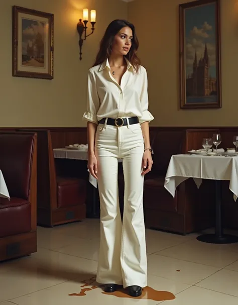 (photorealism:1.2), Pretty Woman in her 30s in a classic restaurant, She is wearing a white large collar shirt, White super flared jeans with a wet light brown stain in her ass, black low heel shoe, Flares almost wider as the shoes. She wears a wide Black ...