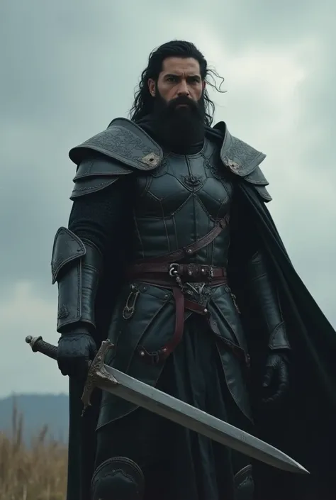  General Glozelle was a person from the Telmar people .   He wears dark armor and holds a sword in one hand and an S in the other. The sky is clouded over, Which reinforces the drama of the scene . He has dark hair and a beard