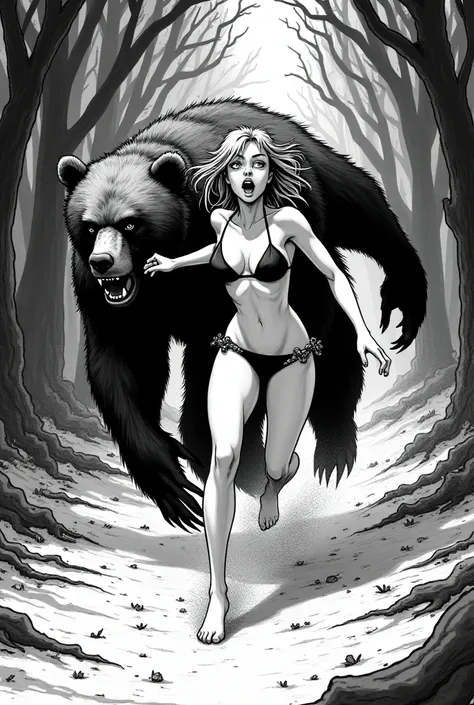 Manga style, page de manga noir et blanc, une femme est poursuivie par un ours dans une forêt, femme vêtue dun bikini, poursuivie par un ours, manga noir et blanc 