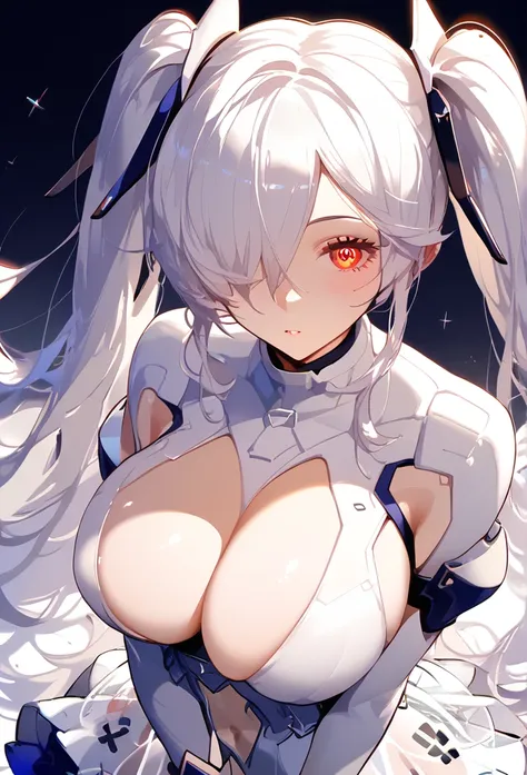 anachirox, twintails,  has big breasts、very long hair, white hair, hair over one eye, red eye 、white bodysuit, see-through skirt...