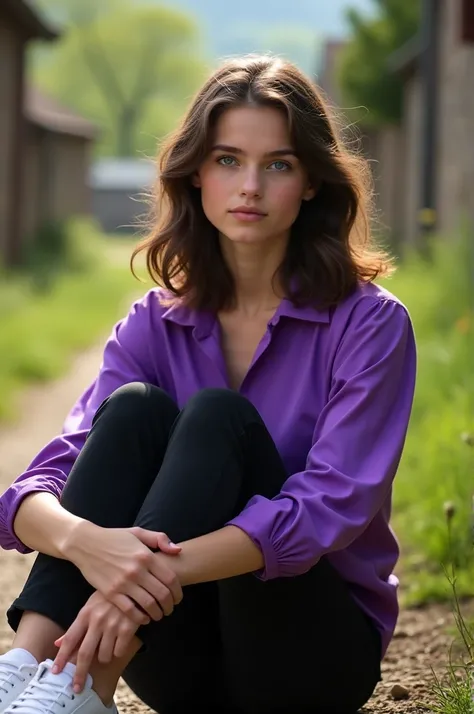 a photo of Melinda, a  girl, brunette, with black hair, blue eyes, purple blouse, black pants and white sneakers, Melinda lived in a small town surrounded by nature