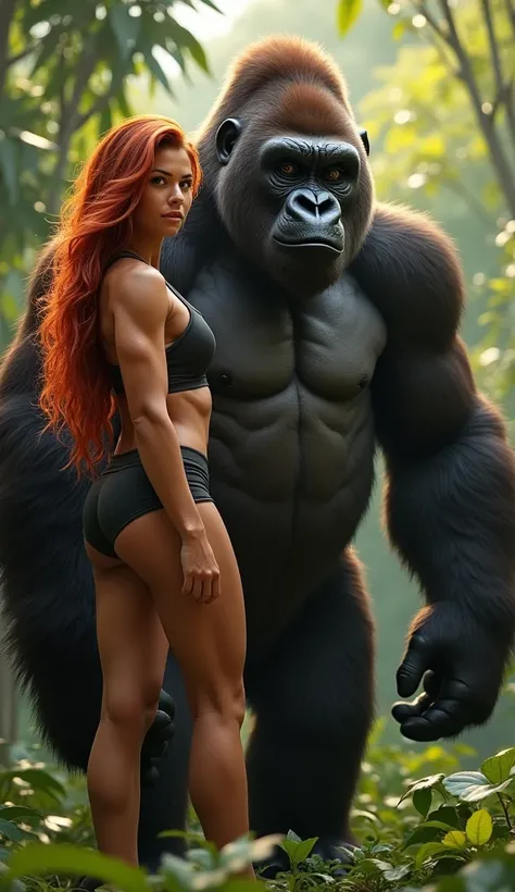 "Create a cinematic, ultra-realistic 9:16 image of a powerful, muscular woman with striking long red hair standing confidently beside a large, majestic gorilla. The woman has a strong athletic build, showcasing well-defined muscles in her arms and legs, em...