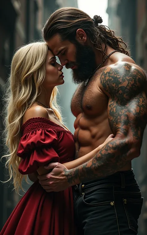  photorealism 1 .4 Realistic Realism High Definition Detailed Create For Me A Beautiful Young Couple, man , full body stubble in the photo wearing black pants and jacket, Ex-SEAL,  and has scars on the side of the face like the character in the series Beau...