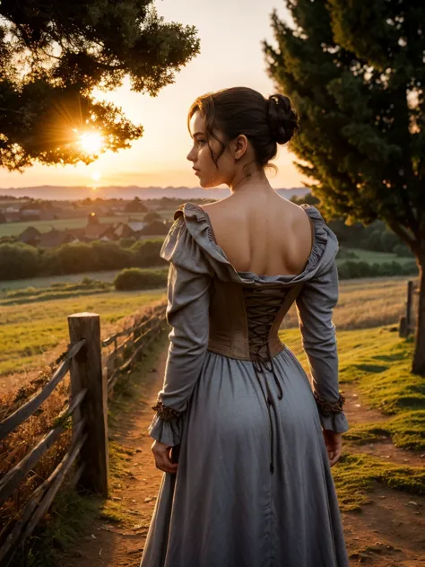 gorgeous and sultry busty athletic (thin) brunette peasant with sharp facial features wearing a modest updo, messy bun, medieval...